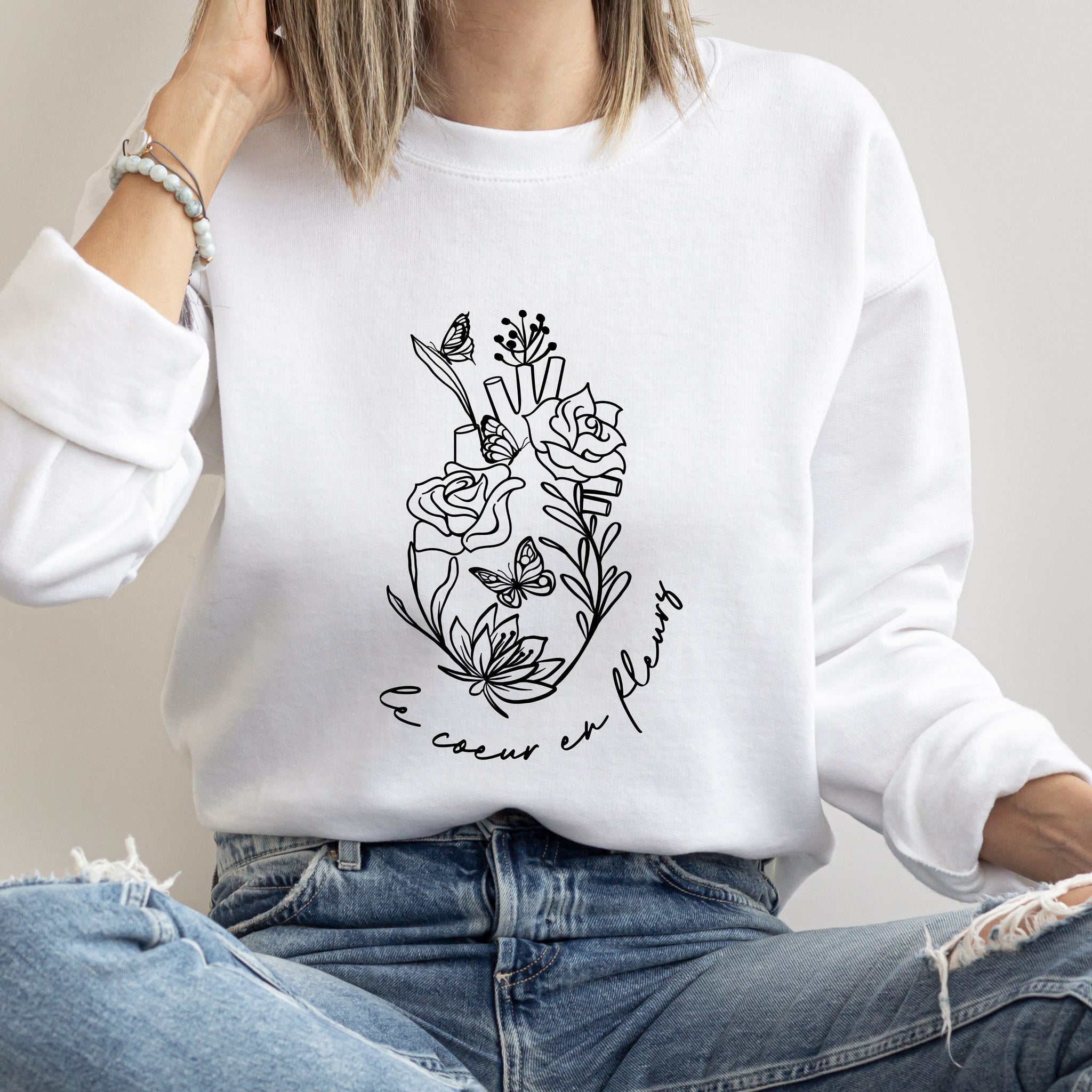Coeur en fleurs - Sweat-shirt unisexe à col rond